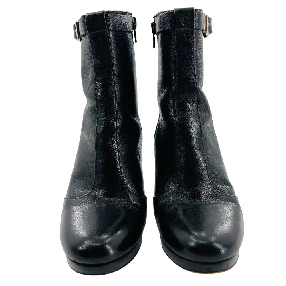 Nine West Fudgeit Black Leather Stiletto Heel Inside Zip Buckle Ankle Booties 8